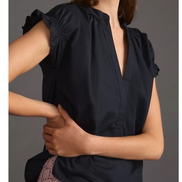 Anthropologie Pilcro The Tatum Top Poplin Black Puff Sleeve Blouse Sz Medium - Picture 3 of 12